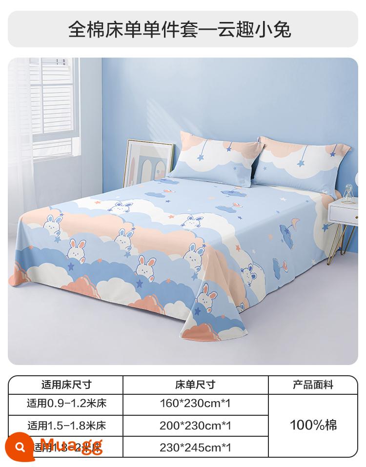 Boyang Home Dệt Cotton Tấm Đơn 100 Bông Dày Phim Hoạt Hình Ký Túc Xá Sinh Viên Tấm Ins Đơn Mùa Hè - Bộ ga trải giường bằng vải cotton—Thỏ Yunqu