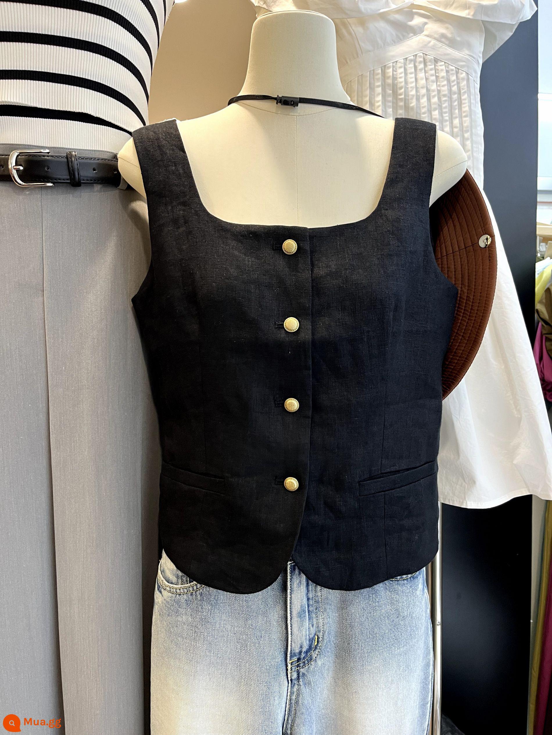 Mười Ba Dòng Mùa Hè Mới Retro Tính Khí Hương Thơm Nhỏ Màu Đen Cao Cấp Cổ Vuông Áo Vest Không Tay Áo Khoác Top Nữ - đen