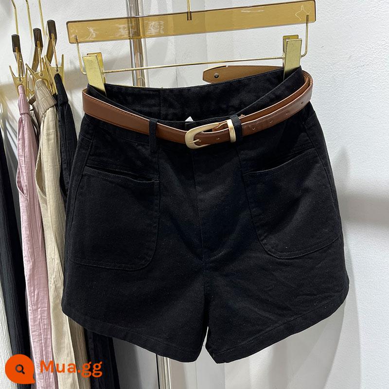 Hình quả lê quần short denim màu xanh retro nữ mùa hè cỡ lớn chất béo mm nhỏ eo cao mỏng quần ống rộng chữ A nóng bỏng - Đen (thắt lưng quà tặng)