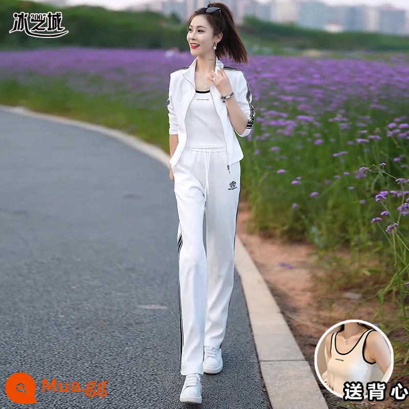 Bộ đồ thể thao thông thường cho nữ 2023 xuân thu thời trang mới giảm tuổi tác dây kéo cardigan quần ống rộng Bộ ba món - Bộ vest trắng + vest trắng