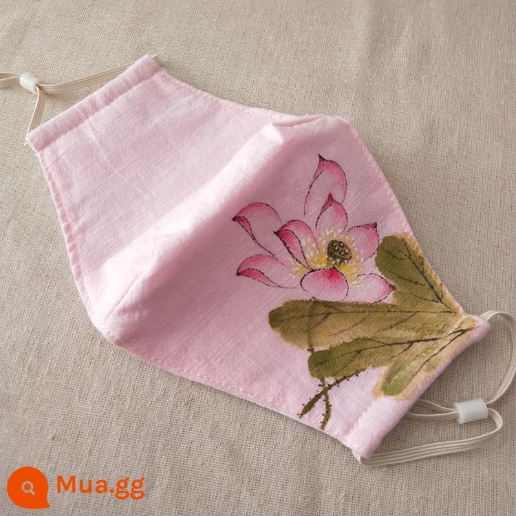 Mặt nạ phong cách Trung Quốc vẽ tay nguyên bản của Qingcheng phong cách cổ xưa cotton và vải lanh hai lớp cotton nguyên chất ấm và lạnh và chống gió mặt nạ mùa xuân và mùa thu của phụ nữ - Hồng + Sen Xanh