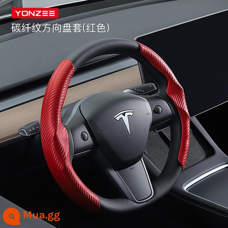 YZ phù hợp với phiên bản mới của Tesla Model 3Y bọc vô lăng mùa đông phụ kiện màu trắng trang trí - [Bản gốc chất lượng hàng đầu] Bọc vô lăng thể thao bằng da sợi carbon [Đỏ]