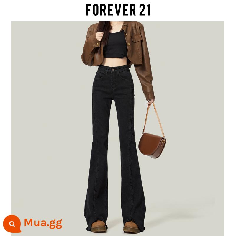 Forever 21 Retro Mỹ Cao Cấp Nano Xám Micro Loe Quần Jean Nữ Mùa Thu Slim Móng Ngựa Tầng-lau Quần - Kiểu đơn mở rộng màu đen