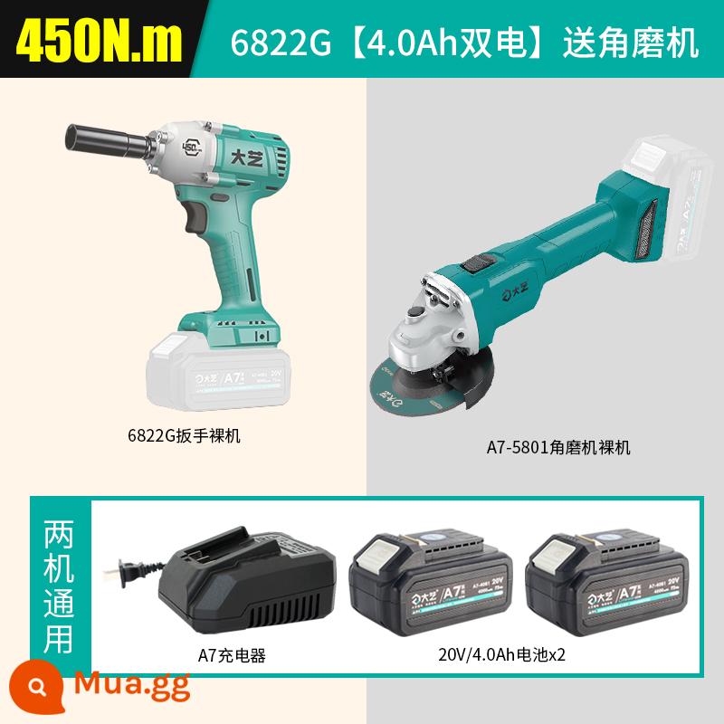 Máy vặn vít điện Dayi A7-6822G/6801S không chổi than mô-men xoắn cao lithium tác động bằng khí nén cờ lê 450N chính hãng cờ lê điện - 6822G [pin kép 4.0Ah] đi kèm máy mài góc, pin đa năng