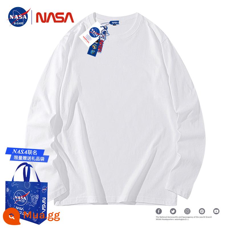 Áo thun cotton dày dặn dài tay thương hiệu NASA thu đông TT nữ cotton nguyên chất hợp thời trang dáng rộng cổ tròn có đáy áo sơ mi - Trắng