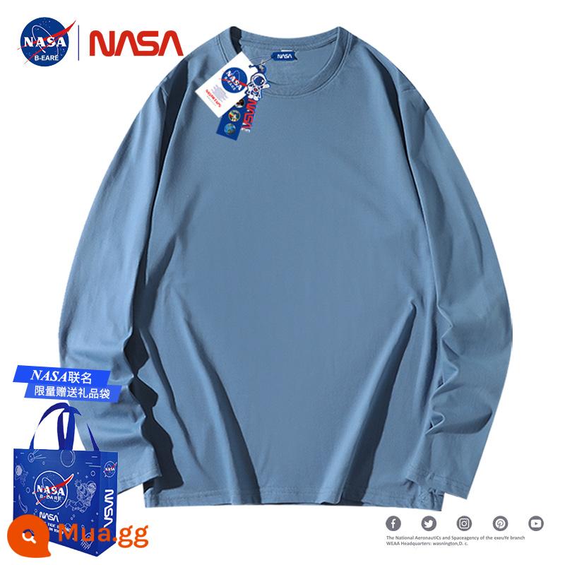 Áo thun cotton dày dặn dài tay thương hiệu NASA thu đông TT nữ cotton nguyên chất hợp thời trang dáng rộng cổ tròn có đáy áo sơ mi - Haze Blue