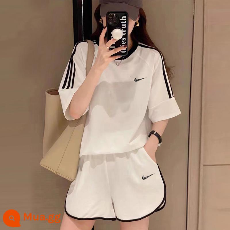 Bộ đồ thể thao Nike dành cho nữ Mùa hè mới 2023 Thời trang thông thường Quần short ngắn tay Bộ hai mảnh - Bộ vest trắng (đen)