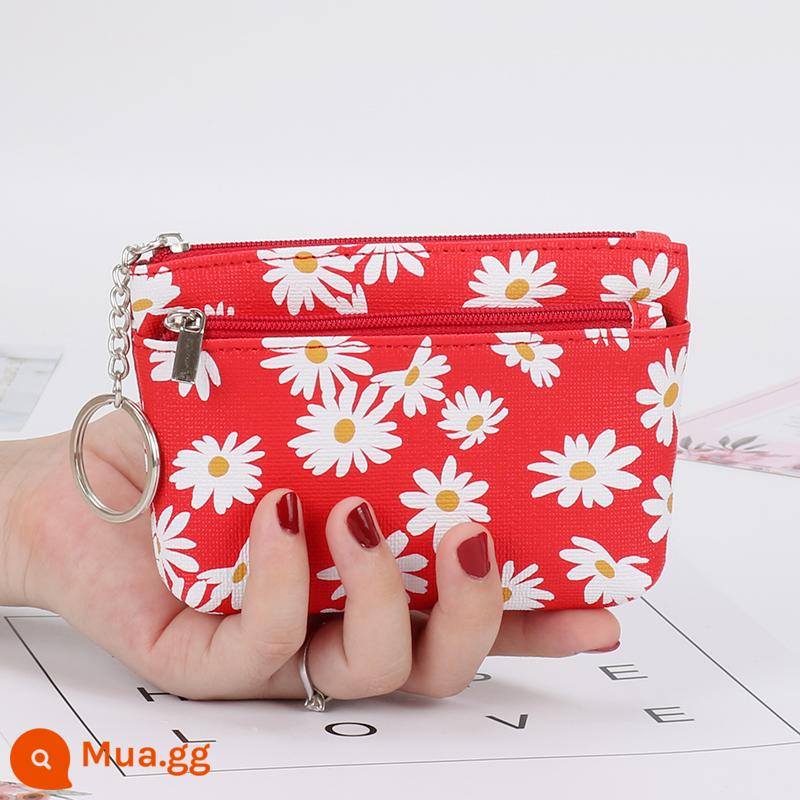 Mới Dây Kéo Tiền Xu Túi Clutch Thời Trang Nữ Mini Siêu Mỏng Ngắn Ví Nhỏ Túi Đựng Thẻ Chìa Khóa túi Tiền Xu - hoa cúc nhỏ màu đỏ