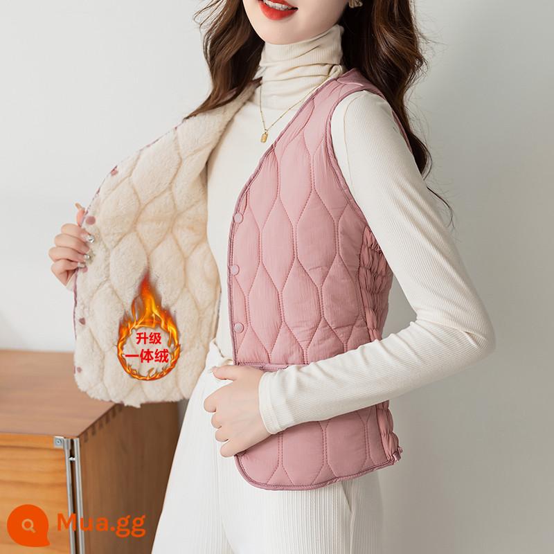 2023 Mới Mùa Thu Đông Xuống Cotton Áo Vest Nữ Nhung Dày Ấm Ngắn Cổ Chữ V Áo Mỏng Đa Năng Lớp Lót - Hồng-[Phiên bản nâng cấp của nhung một mảnh]