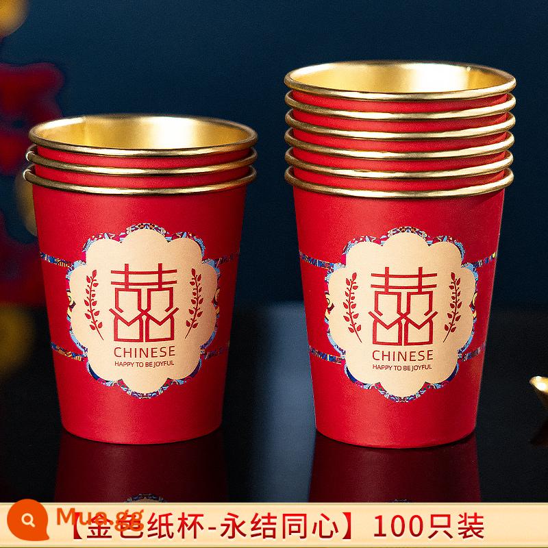 Cốc Giấy Cưới Cốc Dùng Một Lần Cưới Cưới Hộ Gia Đình Happy Cup Tiệc Cưới Dày Đỏ Lễ Hội Lá Vàng Bánh Mì Nướng Trà - Cốc Giấy Vàng-Forever Tongxin 100 Miếng