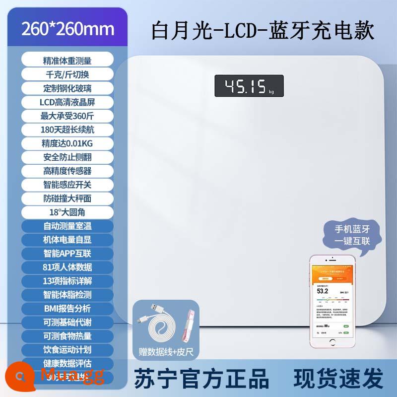 Cân Bluetooth Sạc Thông Minh Cân Mỡ Cơ Thể Chính Xác Hộ Gia Đình Nhỏ Cân Điện Tử Cân Gia Đình 2764 - Ánh trăng trắng-Sạc Bluetooth-LCD