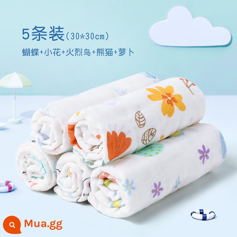 Khăn trẻ em Jie Liya cotton nguyên chất cotton rửa mặt hộ gia đình khăn gạc cho bé khăn tắm bé gái và bé trai - [5 gói] Bướm hoa nhỏ (30*30cm) 6 lớp sợi