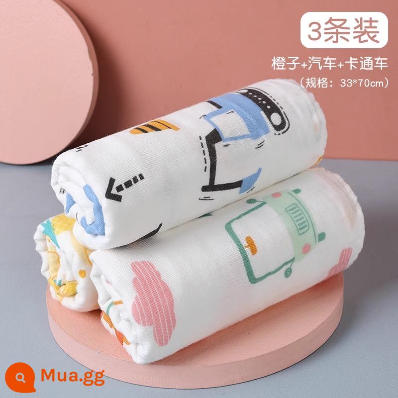 Khăn trẻ em Jie Liya cotton nguyên chất cotton rửa mặt hộ gia đình khăn gạc cho bé khăn tắm bé gái và bé trai - [3 Gói] Cam + Ô Tô + Ô Tô Hoạt Hình (33*70cm) 6 lớp sợi