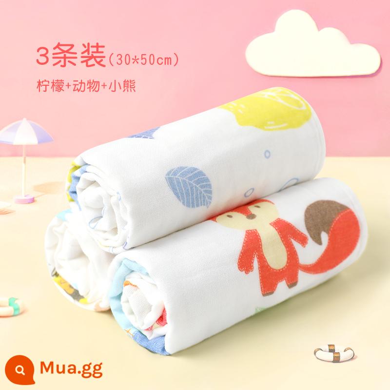 Khăn trẻ em Jie Liya cotton nguyên chất cotton rửa mặt hộ gia đình khăn gạc cho bé khăn tắm bé gái và bé trai - [3 Gói] Gấu chanh (30*50cm) 6 lớp sợi