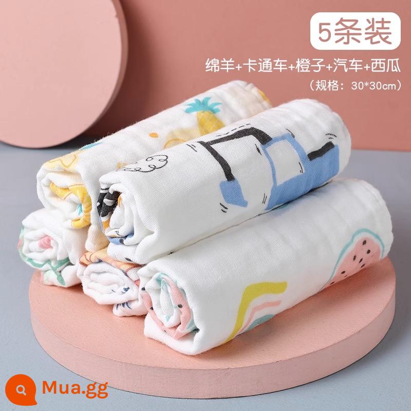 Khăn trẻ em Jie Liya cotton nguyên chất cotton rửa mặt hộ gia đình khăn gạc cho bé khăn tắm bé gái và bé trai - [5 gói] Dòng xe ô tô (30*30cm) 6 lớp sợi