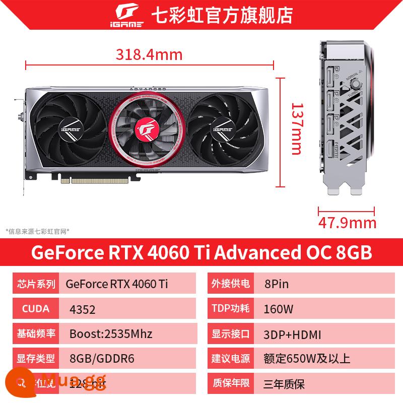 Thẻ hiển thị độc lập máy tính để bàn chơi game RTX3060/Ti Vulcan AD/Ultra white đầy màu sắc - iGame RTX4060Ti Advanced OC 8G