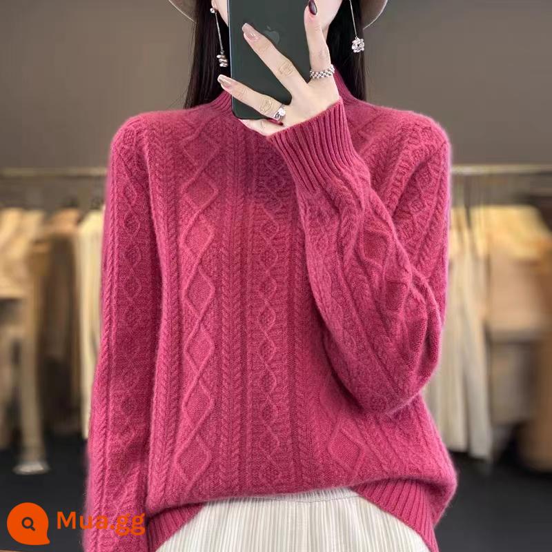 Hengyuanxiang Group Áo len cashmere đầy màu sắc dành cho nữ Cổ rùa nửa rộng Áo len dệt kim dày mùa thu đông - màu mâm xôi