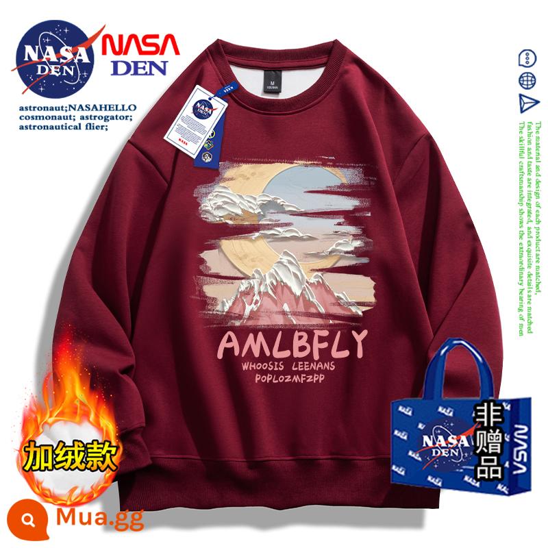 Áo thun cotton dày dài tay đồng thương hiệu NASA dành cho nam và nữ, áo khoác thương hiệu thời trang Mỹ xuân thu đông - Burgundy (cộng với nhung)