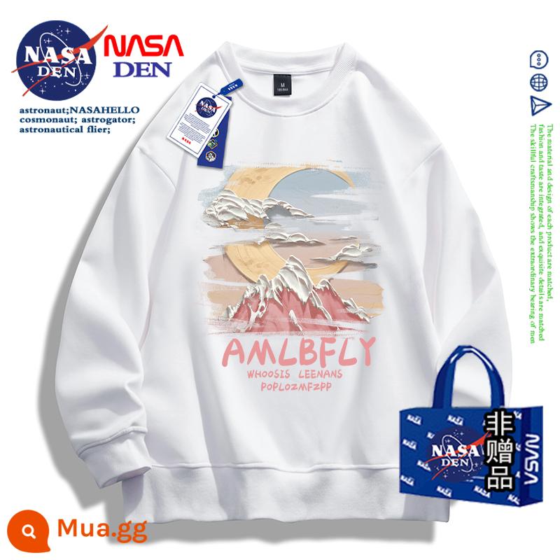 Áo thun cotton dày dài tay đồng thương hiệu NASA dành cho nam và nữ, áo khoác thương hiệu thời trang Mỹ xuân thu đông - Trắng