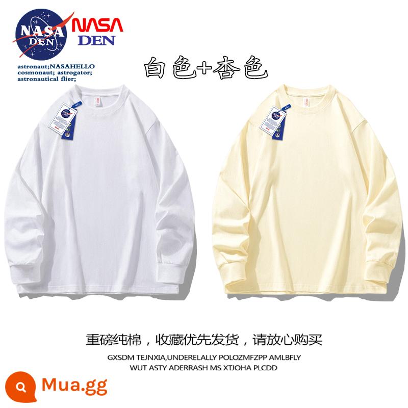 Áo thun nam dài tay nặng 260g đồng thương hiệu của Mỹ mùa xuân thu cotton nguyên chất màu trắng đáy áo sơ mi cổ tròn cotton dày dặn - trắng + mơ