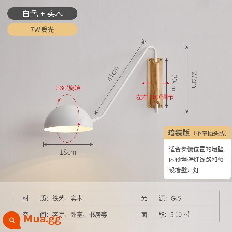 Tối Giản Nhật Bản Đầu Giường Đèn Tường Bắc Âu Hiện Đại Tối Giản Gỗ Phòng Khách Phòng Ngủ Nghiên Cứu Đọc Xoay Đính Đá Đèn - Trắng + gỗ nguyên khối - đèn ấm 7 watt (phiên bản giấu) không có dây cắm