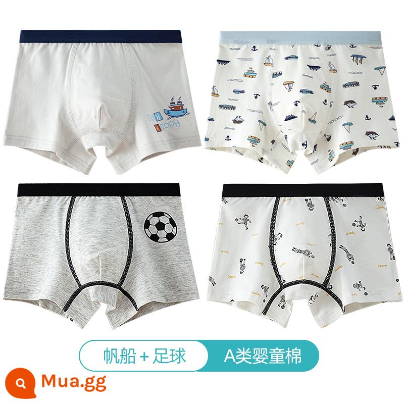 Quần lót trẻ em Langsha bé trai cotton nguyên chất thoáng khí bé trai cotton trung và lớn bé trai quần lót boxer 100%ZL - chèo thuyền+bóng đá