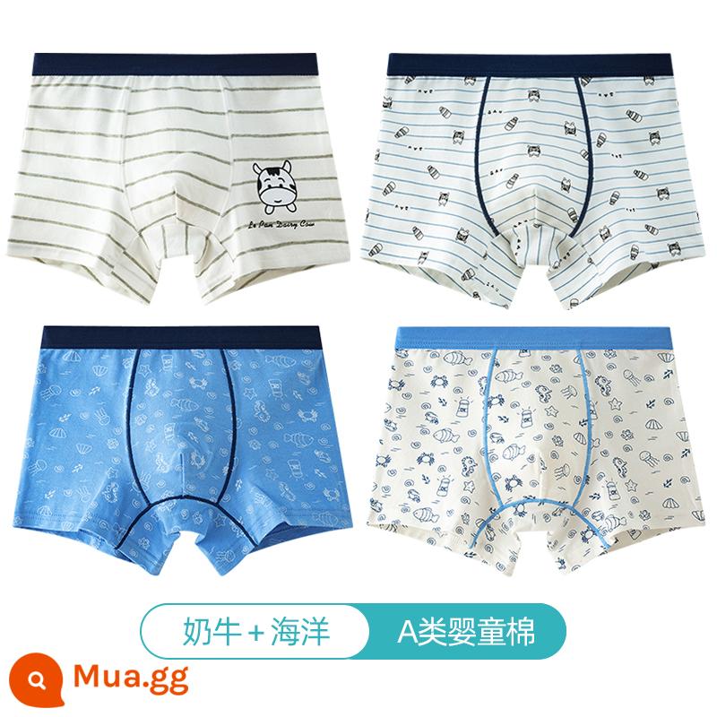 Quần lót trẻ em Langsha bé trai cotton nguyên chất thoáng khí bé trai cotton trung và lớn bé trai quần lót boxer 100%ZL - Bò + Đại Dương