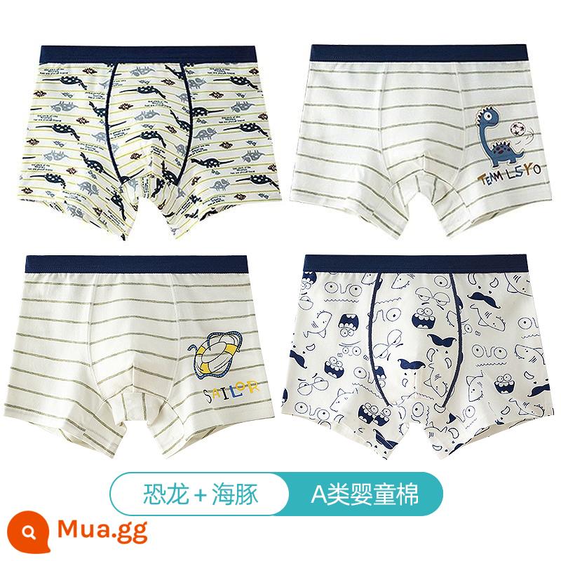 Quần lót trẻ em Langsha bé trai cotton nguyên chất thoáng khí bé trai cotton trung và lớn bé trai quần lót boxer 100%ZL - Khủng long+cá heo