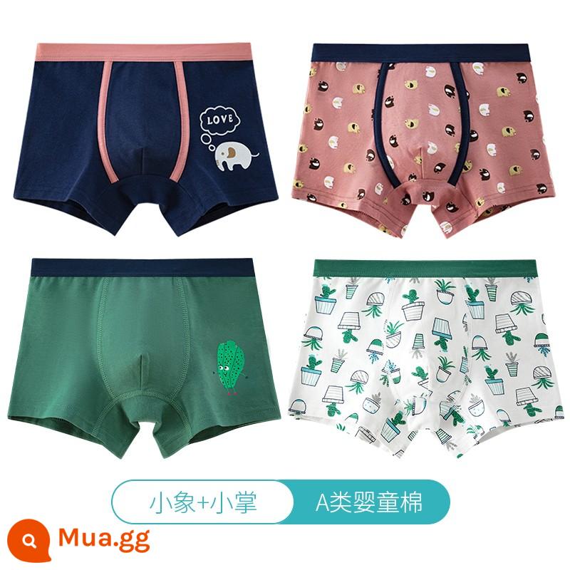 Quần lót trẻ em Langsha bé trai cotton nguyên chất thoáng khí bé trai cotton trung và lớn bé trai quần lót boxer 100%ZL - Chú voi nhỏ + cọ nhỏ