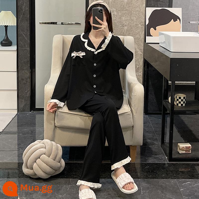 Bộ đồ ngủ nữ mùa xuân và mùa thu 2022 cotton dài tay cỡ lớn màu đen lưới đỏ phong cách áo khoác ngoài mùa đông phù hợp với dịch vụ tại nhà - Túi thắt nút OA-S1339-Đen