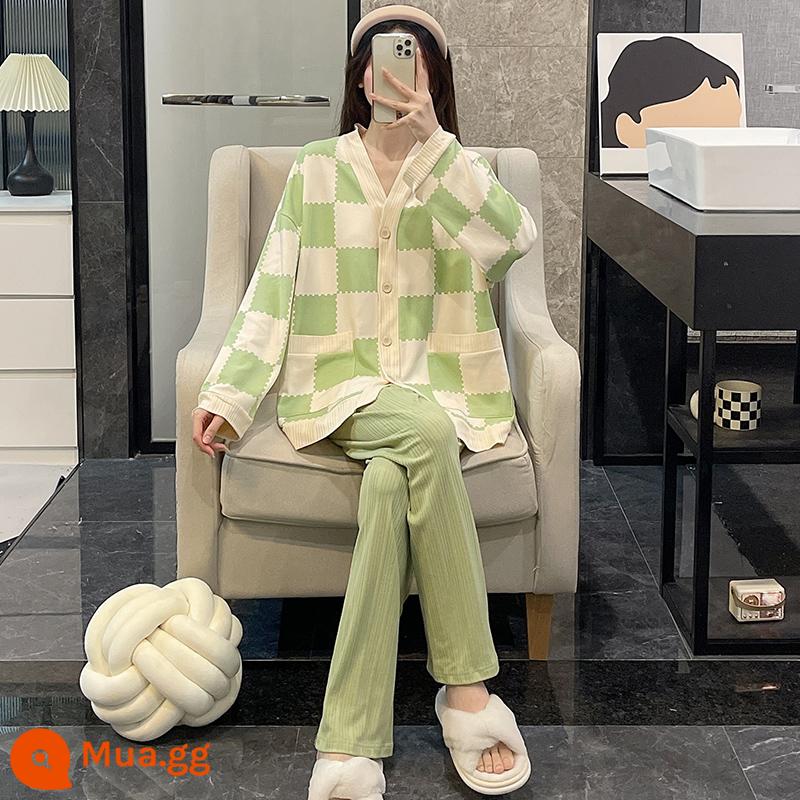 Bộ đồ ngủ nữ mùa xuân và mùa thu 2022 cotton dài tay cỡ lớn màu đen lưới đỏ phong cách áo khoác ngoài mùa đông phù hợp với dịch vụ tại nhà - Lưới xanh Cyan DJ-1553