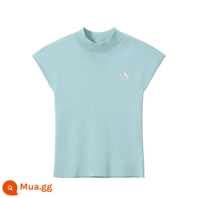 ANDYET AD1 23/SS thêu logo ban đầu áo thun tay raglan nửa cao cổ slim-fit len ​​dệt kim ngắn tay - xanh lam