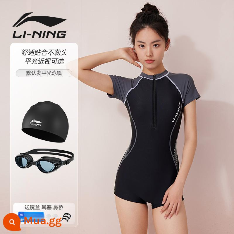 Áo tắm Li Ning nữ 2023 chuyên nghiệp mới che bụng thon gọn bảo thủ suối nước nóng áo tắm cỡ lớn - Đồ bơi một mảnh boxer đen xám [có mũ bơi + kính bơi]