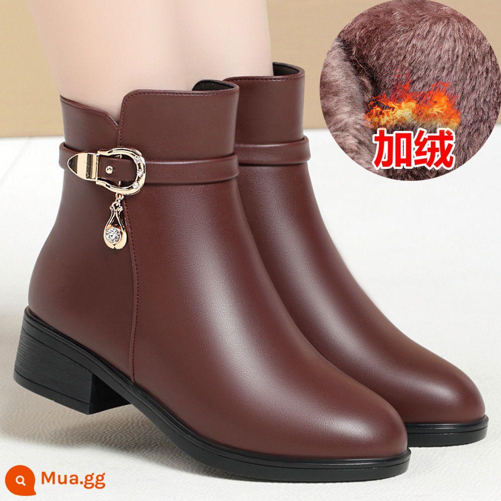 Mom Leather Short Boots Nữ cộng với nhung, Giày cao gót giày cao gót giày bông Nữ 2022 Mùa đông mới dày cộng với đôi giày cotton trẻ em - 9010 nâu nhung, gót thấp 3cm