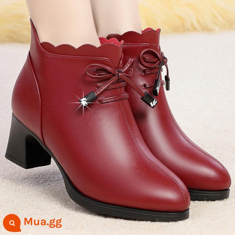 Mom Leather Short Boots Nữ cộng với nhung, Giày cao gót giày cao gót giày bông Nữ 2022 Mùa đông mới dày cộng với đôi giày cotton trẻ em - 2063 màu đỏ tía cộng với nhung, gót vừa 5cm