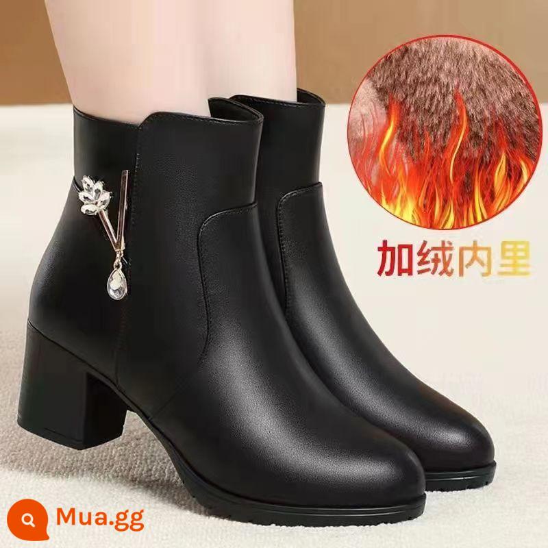 Mom Leather Short Boots Nữ cộng với nhung, Giày cao gót giày cao gót giày bông Nữ 2022 Mùa đông mới dày cộng với đôi giày cotton trẻ em - 657 đen nhung, gót vừa 3cm