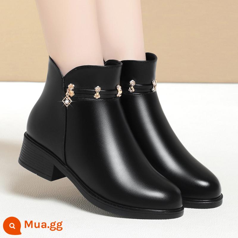 Mom Leather Short Boots Nữ cộng với nhung, Giày cao gót giày cao gót giày bông Nữ 2022 Mùa đông mới dày cộng với đôi giày cotton trẻ em - 7096 nhung đen, gót thấp 3cm