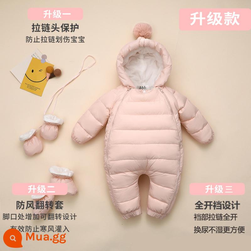 Bé xuống áo khoác Jumpsuit quần áo mùa đông trẻ sơ sinh trắng vịt xuống dày bé mùa đông sang trọng lông cừu ấm rompers - Màu hồng đi kèm với găng tay và bao giày phù hợp