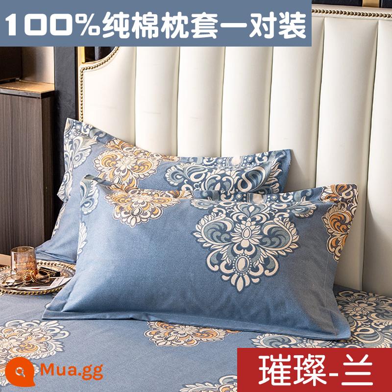 Vỏ gối cotton đơn giản một cặp 100 cotton chải dày vỏ gối đơn ký túc xá sinh viên 48cm x 74cm - màu xanh da trời-hoa lan rực rỡ