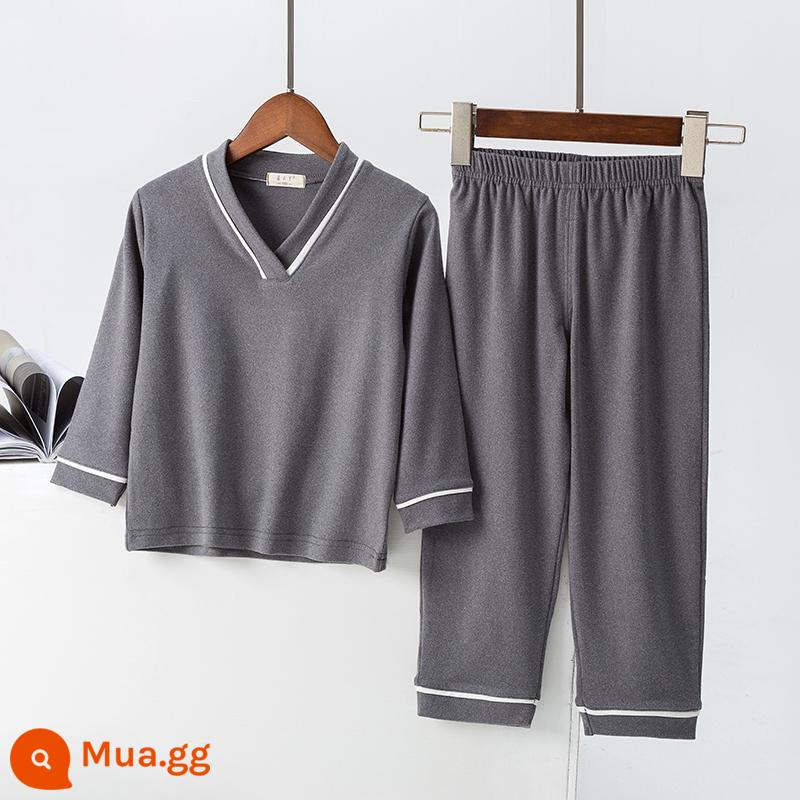 Bộ đồ trẻ em Derong mùa xuân, mùa thu và mùa đông lưới màu đỏ cho bé cotton nguyên chất dáng rộng dài phiên bản đồ ngủ phục vụ tại nhà trong bộ đồ trẻ em lớn cổ chữ V - xám