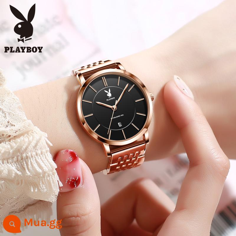 Đồng Hồ Chính Hãng Thương Hiệu Playboy Nữ Thương Hiệu Nổi Tiếng Chống Thấm Nước 2022 Mới Phản Đơn Giản Tính Khí Nhẹ Sang Trọng Thích Hợp - Đồng hồ nữ dây thép Rose Shell mặt đen [Phiên bản tiêu chuẩn chính thức] (Bao gồm quà tặng)