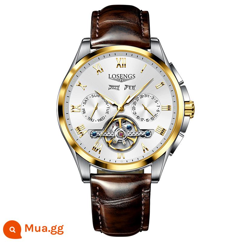 Đồng hồ nam thương hiệu nổi tiếng chính hãng Thụy Sĩ Longines đồng hồ cơ nam chống thấm nước rỗng thời trang dạ quang đa chức năng đồng hồ nam da - Mẫu dây da trắng vàng [Máy ​​nhập khẩu] Thu thập và nhận dây đeo chính hãng