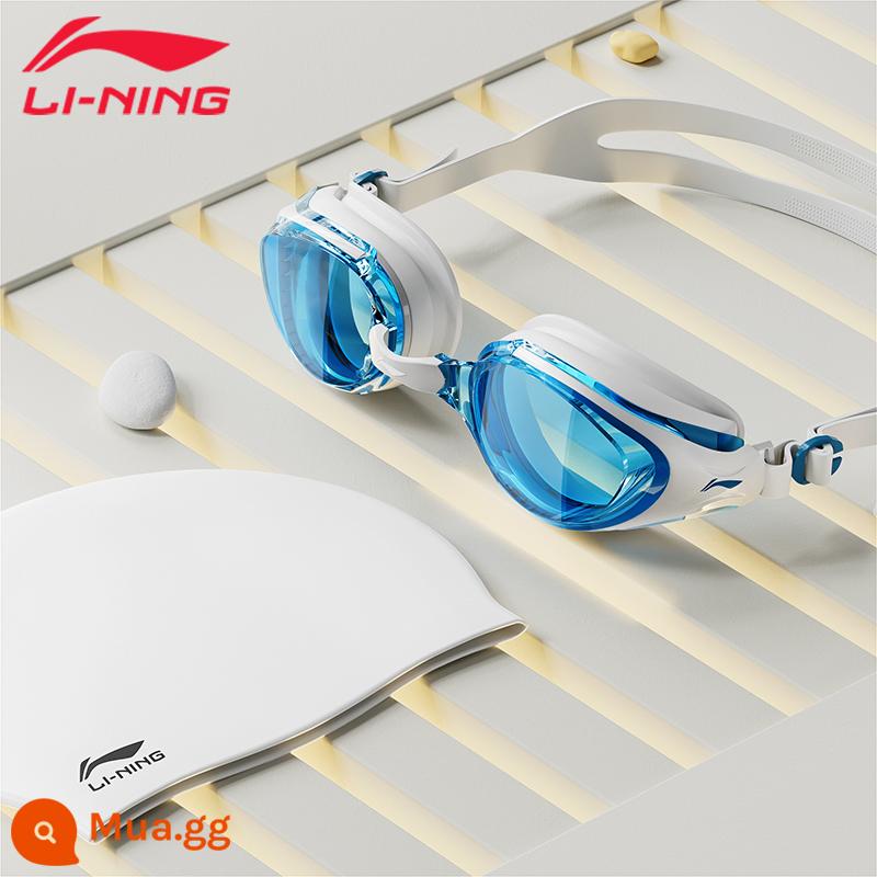 Kính bơi Li Ning độ nét cao chống thấm nước chống sương mù cận thị vành đai đua xe chuyên nghiệp cho nam kính bơi cho nữ bộ mũ bơi - Bộ đồ 293 xanh trắng [kính bơi + mũ bơi]