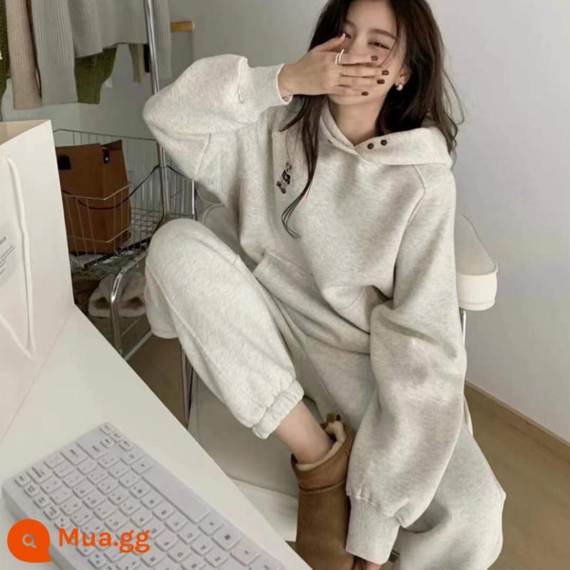 Mùa Thu Đông Áo Thể Thao Phù Hợp Với Nữ 2022 Thời Trang Mới Học Sinh Nước Ngoài Nỉ Hoodie 2 Bộ - Áo len + quần màu xám hoa [mùa xuân và mùa thu]