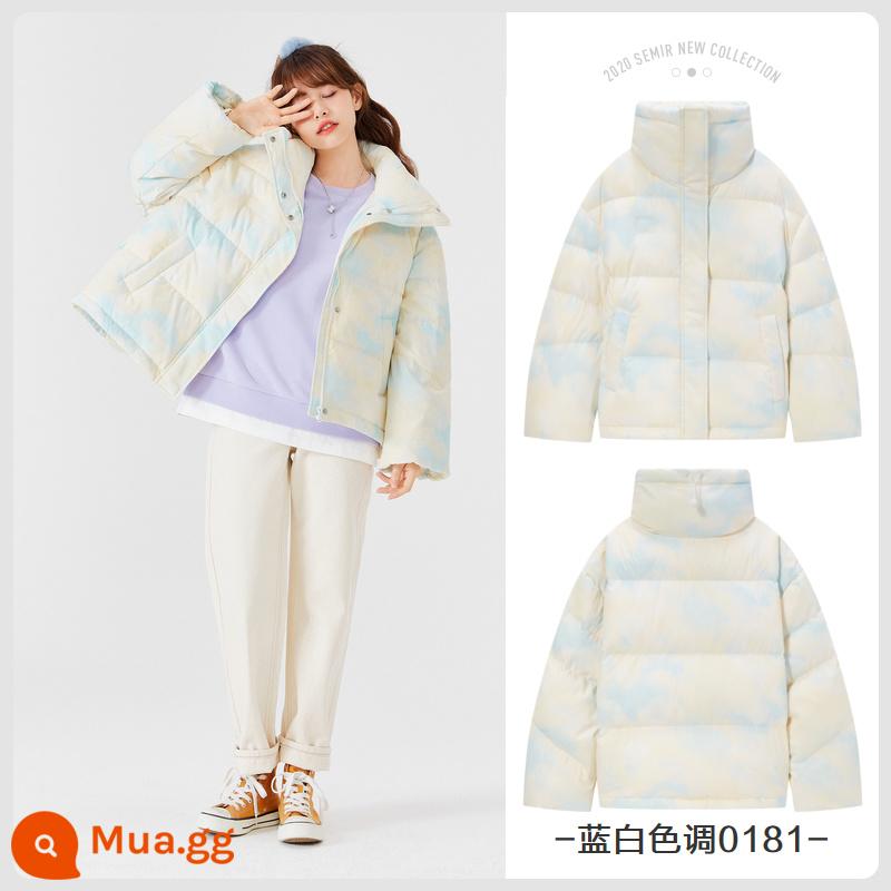 Semir down jacket nữ màu trắng vịt xuống cổ áo đứng lãng mạn mùa đông mới oversize tie-dye down jacket ngắn quần áo nữ - Tông trắng xanh 0181