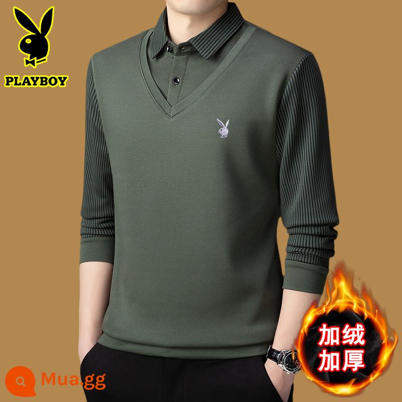 Playboy giả hai chiếc áo len nam nhung dày cổ áo sơ mi mùa đông 2023 mới thường ngày áo len len ấm áp - Phong cách xanh 7100 cộng với nhung và dày