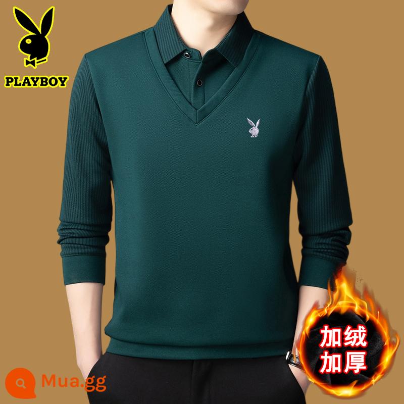 Playboy giả hai chiếc áo len nam nhung dày cổ áo sơ mi mùa đông 2023 mới thường ngày áo len len ấm áp - Màu xanh đậm kiểu 7100 cộng với nhung và dày