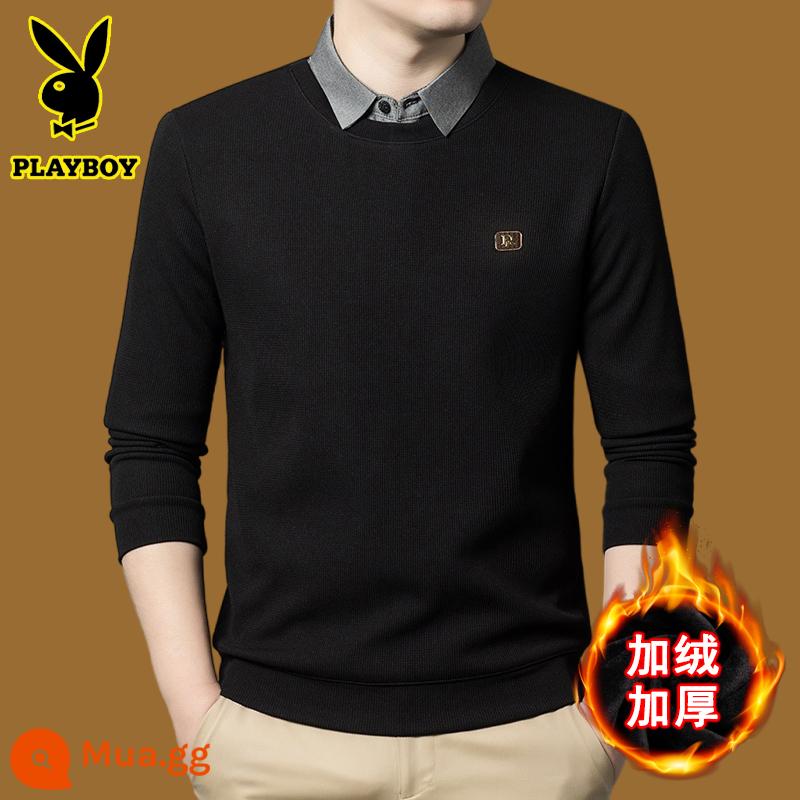 Playboy giả hai chiếc áo len nam nhung dày cổ áo sơ mi mùa đông 2023 mới thường ngày áo len len ấm áp - Đen 8117, cộng với nhung và dày