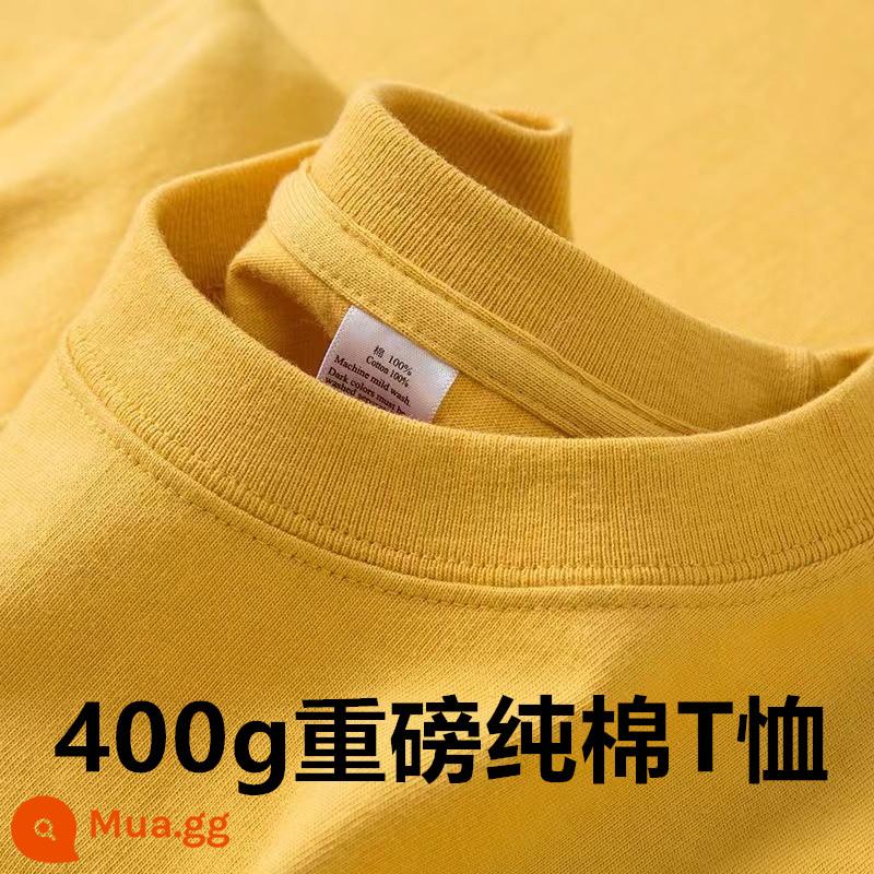 Màu trắng ngà nặng 400g cotton nguyên chất ngắn tay dày đục màu áo thun dáng rộng cổ tròn nửa tay nam nữ có đáy áo sơ mi - Nghệ [400g bông nặng]