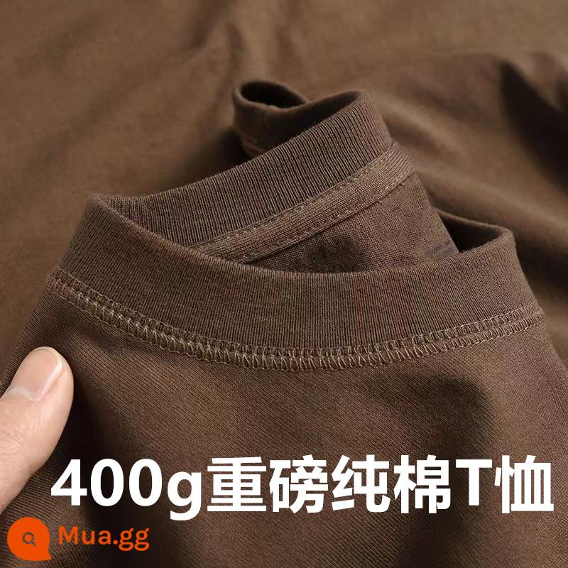 Màu trắng ngà nặng 400g cotton nguyên chất ngắn tay dày đục màu áo thun dáng rộng cổ tròn nửa tay nam nữ có đáy áo sơ mi - Màu nâu sẫm [400g bông nặng]